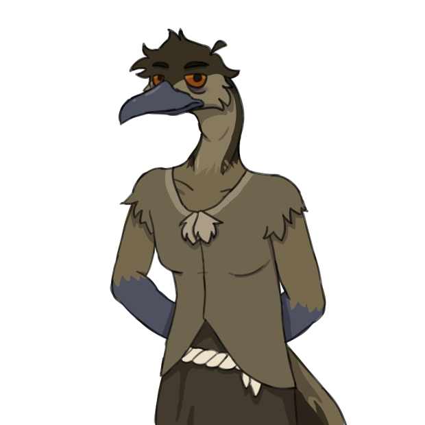 aboriginal ambiguous_gender anthro avian beak bird brown_body emu fur_cloak fur_clothing humanoid kana_(lands_of_fire) lands_of_fire ratite rope solo