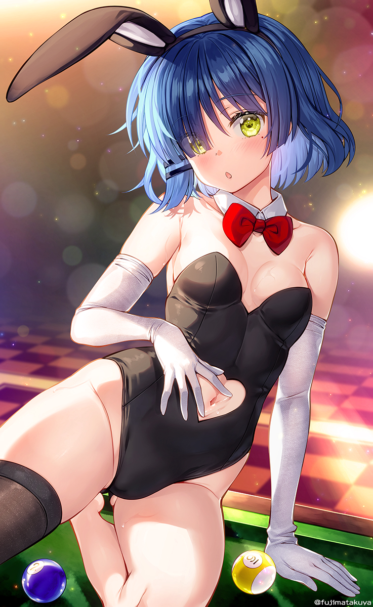1girl :o animal_ears arm_support bangs bare_shoulders black_leotard blue_hair blush bocchi_the_rock! bow bowtie breasts clothing_cutout collar detached_collar elbow_gloves fake_animal_ears fujima_takuya gloves hair_ornament hair_over_one_eye hairclip highres leotard looking_at_viewer mole mole_under_eye navel navel_cutout open_mouth playboy_bunny rabbit_ears red_bow red_bowtie short_hair single_thighhigh small_breasts solo thighhighs twitter_username wet white_collar white_gloves yamada_ryou yellow_eyes