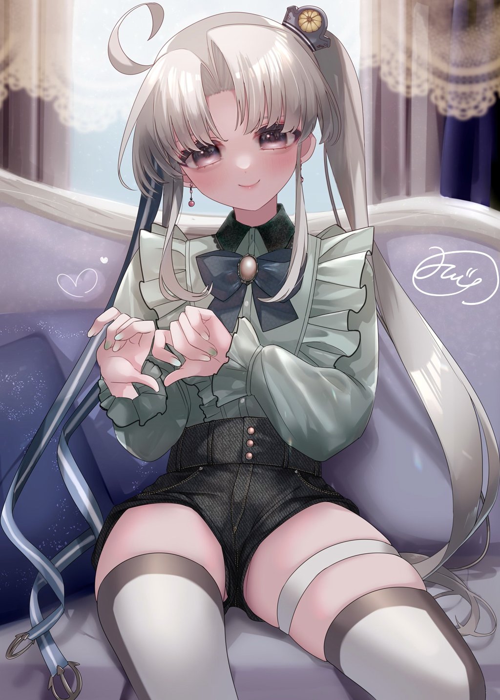 1girl ahoge akitsushima_(kancolle) alternate_costume commentary_request couch curtains denim denim_shorts frilled_shirt frills green_shirt grey_hair grey_shorts hat highres kantai_collection long_hair mini_hat mizoredama1 shirt shorts side_ponytail sidelocks sitting solo thighhighs tilted_hat white_thighhighs