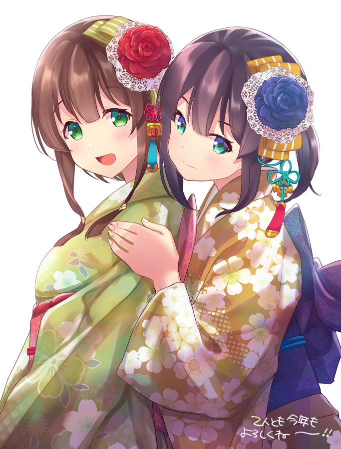 2girls bangs blue_eyes blunt_bangs brown_hair closed_mouth flower flower_knot from_side green_eyes hair_flower hair_ornament japanese_clothes kimono looking_at_viewer multiple_girls nanaka_(tenka_hyakken) obi_bow obiage okanoyuno open_mouth purple_hair tenka_hyakken white_background yayoi_(tenka_hyakken)