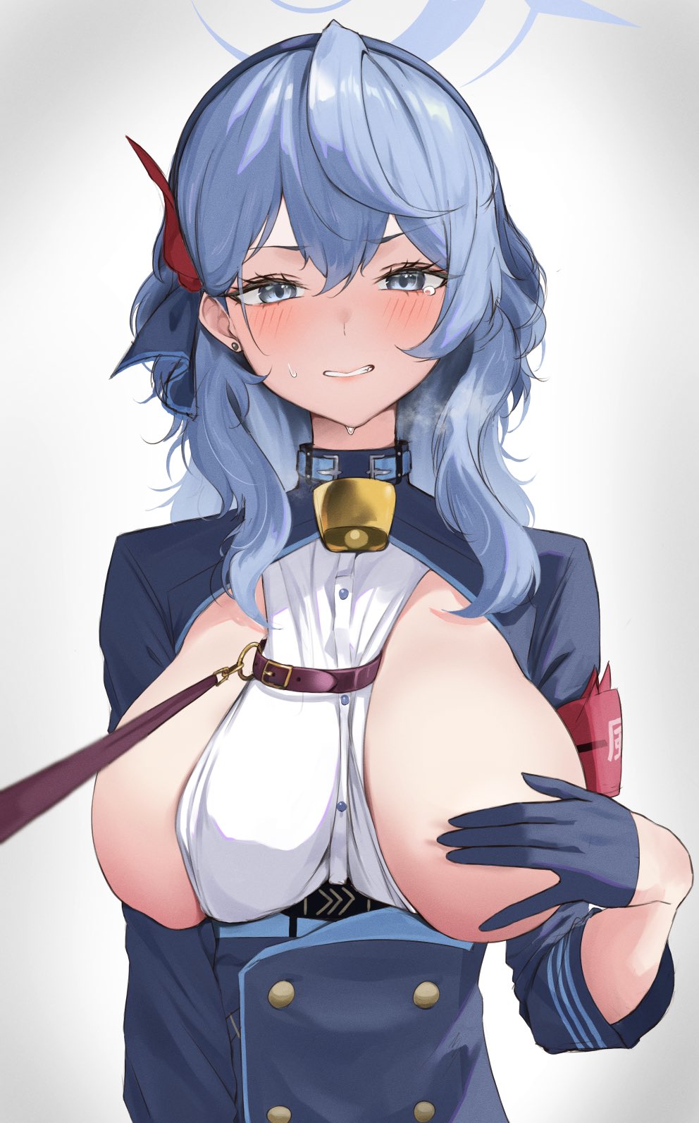 1girl ako_(blue_archive) armband bell blue_archive blue_gloves blue_jacket breasts breath buttons clenched_teeth covering_nipples double-breasted earrings framed_breasts gloves grey_background grey_eyes half_gloves halo highres jacket jewelry kingudejii large_breasts leash long_hair long_sleeves looking_at_viewer neck_bell open_mouth shirt solo stud_earrings sweat tearing_up teeth upper_body white_shirt