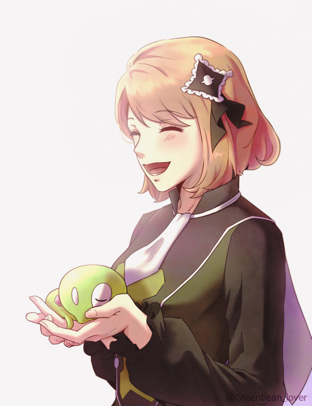 1girl :d ascot bangs blonde_hair blush closed_eyes commentary_request eyelashes from_side hair_ornament highres long_sleeves lower_teeth_only mikka_tsukiyo official_alternate_costume open_mouth pokemon pokemon_(creature) pokemon_(game) pokemon_masters_ex serena_(pokemon) serena_(sygna_suit)_(pokemon) short_hair sleeping smile teeth tongue upper_body watermark white_ascot zygarde zygarde_core