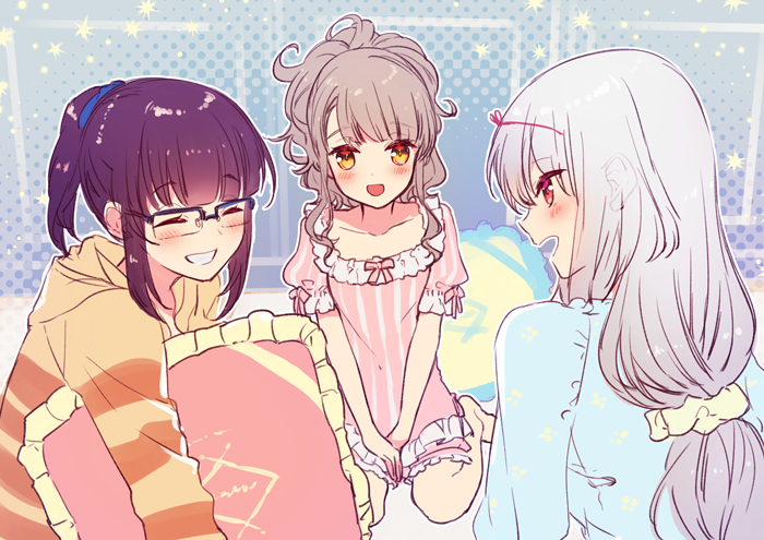 3girls bangs brown_eyes dress facing_viewer from_behind from_side glasses grey_hair holding holding_pillow kannagiri_nagamitsu_(tenka_hyakken) long_sleeves looking_at_another low_ponytail multiple_girls okanoyuno open_mouth own_hands_together pajamas pillow polka_dot polka_dot_background ponytail print_dress puffy_short_sleeves puffy_sleeves purple_hair red_eyes scrunchie shishiou_(tenka_hyakken) short_sleeves sitting sleepover smile sparkle_background striped striped_dress tenka_hyakken wariza white_hair yayoi_(tenka_hyakken)