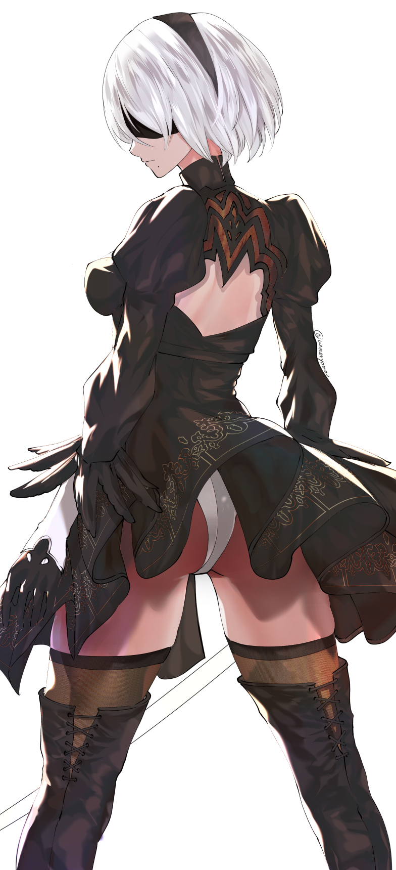 1girl ass back_cutout black_blindfold black_dress black_gloves black_hairband blindfold breasts closed_mouth clothing_cutout cowboy_shot dress feather-trimmed_sleeves from_behind gloves hairband highres juliet_sleeves long_sleeves mole mole_under_mouth nier_(series) nier_automata puffy_sleeves short_hair simple_background solo thighhighs thighs uenoryoma white_background white_hair yorha_no._2_type_b