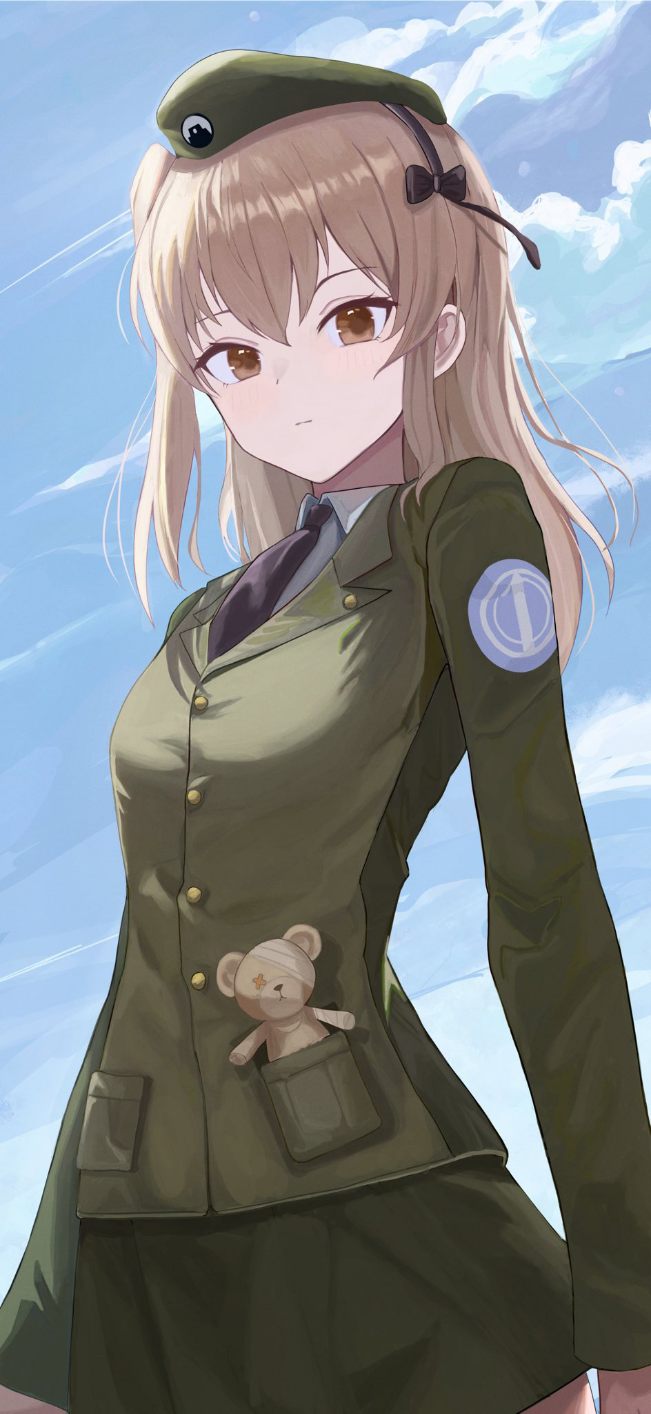 1girl bangs black_necktie black_ribbon boko_(girls_und_panzer) brown_eyes cloud collared_shirt commentary_request day emblem expressionless garrison_cap girls_und_panzer hat highres jacket long_hair long_sleeves looking_at_viewer mamaa_(maeni6379) military military_uniform necktie outdoors ribbon selection_university_(emblem) selection_university_military_uniform shimada_arisu shirt sidelocks skirt sky solo uniform white_shirt