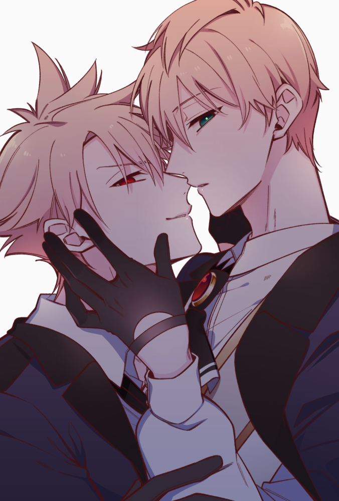 2boys ascot backlighting black_ascot black_gloves blonde_hair blue_jacket brooch collared_shirt fate/grand_order fate_(series) from_side gloves green_eyes grey_vest hair_between_eyes half_gloves hand_on_another's_arm hand_on_another's_face jacket jacket_on_shoulders jekyll_and_hyde_(fate) jewelry looking_at_viewer male_focus miyamakoume multiple_boys parted_lips profile red_eyes selfcest shirt short_hair sideways_glance simple_background smile spiked_hair upper_body vest white_background white_shirt yaoi