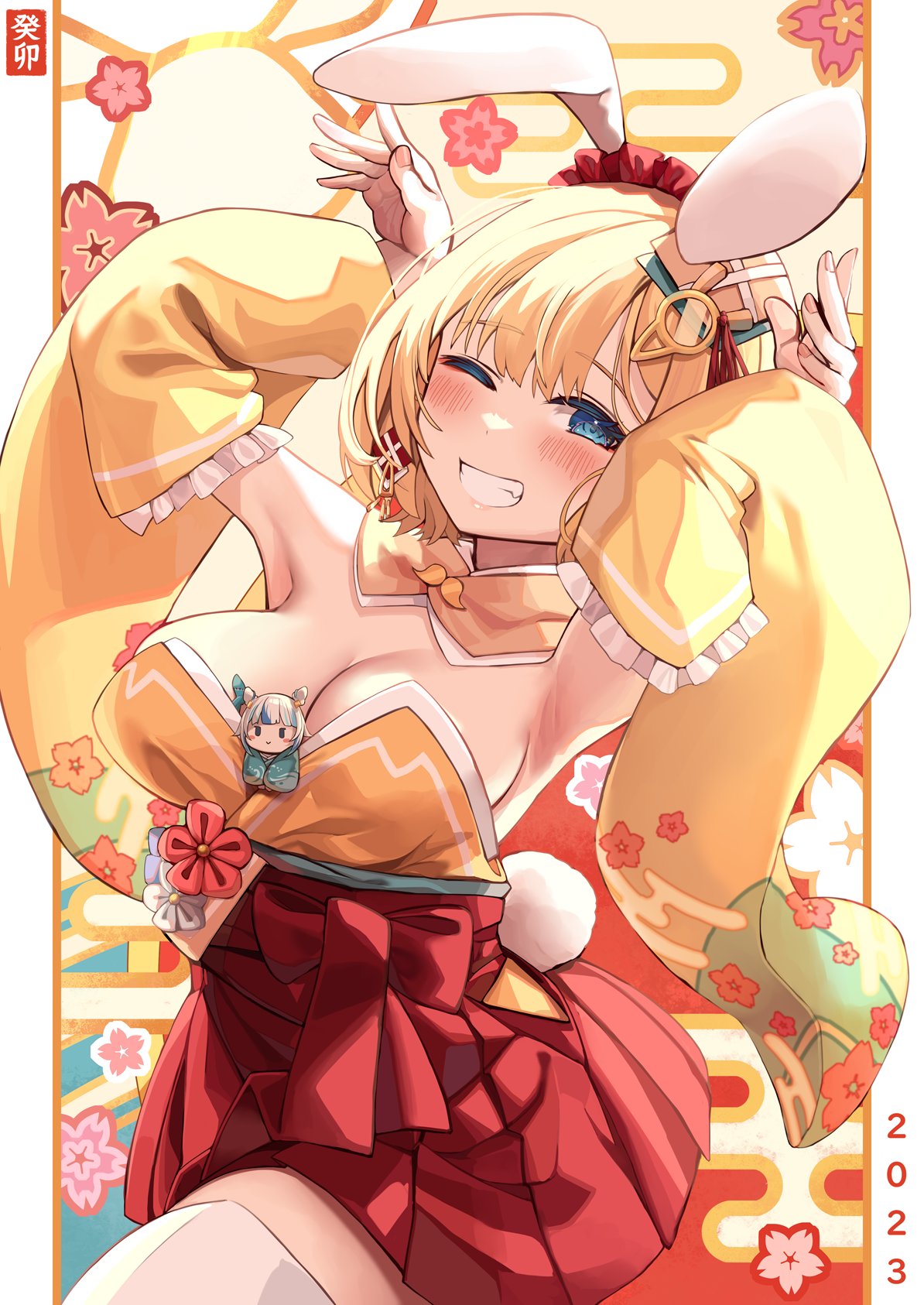 1girl 2023 alternate_costume animal_ears blonde_hair blush breasts bunny_pose chinese_zodiac cleavage cowboy_shot detached_sleeves egasumi fake_animal_ears fake_tail gawr_gura grin hair_ornament highres hololive hololive_english japanese_clothes kimono large_breasts looking_at_viewer medium_hair monocle_hair_ornament nontraditional_playboy_bunny one_eye_closed rabbit_ears rabbit_tail red_skirt sakuramon skirt smile solo tail thighhighs virtual_youtuber watson_amelia wei_yu wide_sleeves year_of_the_rabbit zettai_ryouiki