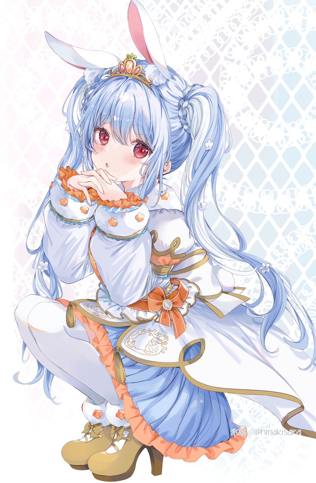 1girl :o animal_ear_fluff animal_ears bangs blue_hair blue_skirt blush bunny-shaped_pupils extra_ears flower frilled_skirt frills full_body hair_flower hair_ornament highres hinahino hololive long_hair long_sleeves looking_at_viewer multicolored_hair open_mouth own_hands_together pantyhose puffy_long_sleeves puffy_sleeves rabbit_ears rabbit_girl red_eyes shoes short_eyebrows sidelocks skirt solo squatting streaked_hair symbol-shaped_pupils thick_eyebrows tiara twintails twitter_username two-tone_hair usada_pekora virtual_youtuber white_flower white_hair white_pantyhose