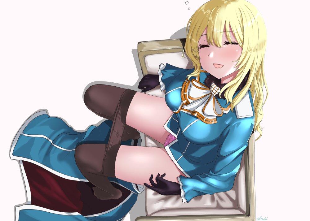 1girl atago_(kancolle) black_gloves blonde_hair blush breasts chair closed_eyes clothes_pull from_above gloves jouzaburou_(joe3) kantai_collection large_breasts long_hair looking_up military military_uniform open_mouth panties pantyhose pantyhose_pull pink_panties simple_background sitting skirt skirt_removed solo underwear undressing uniform white_background
