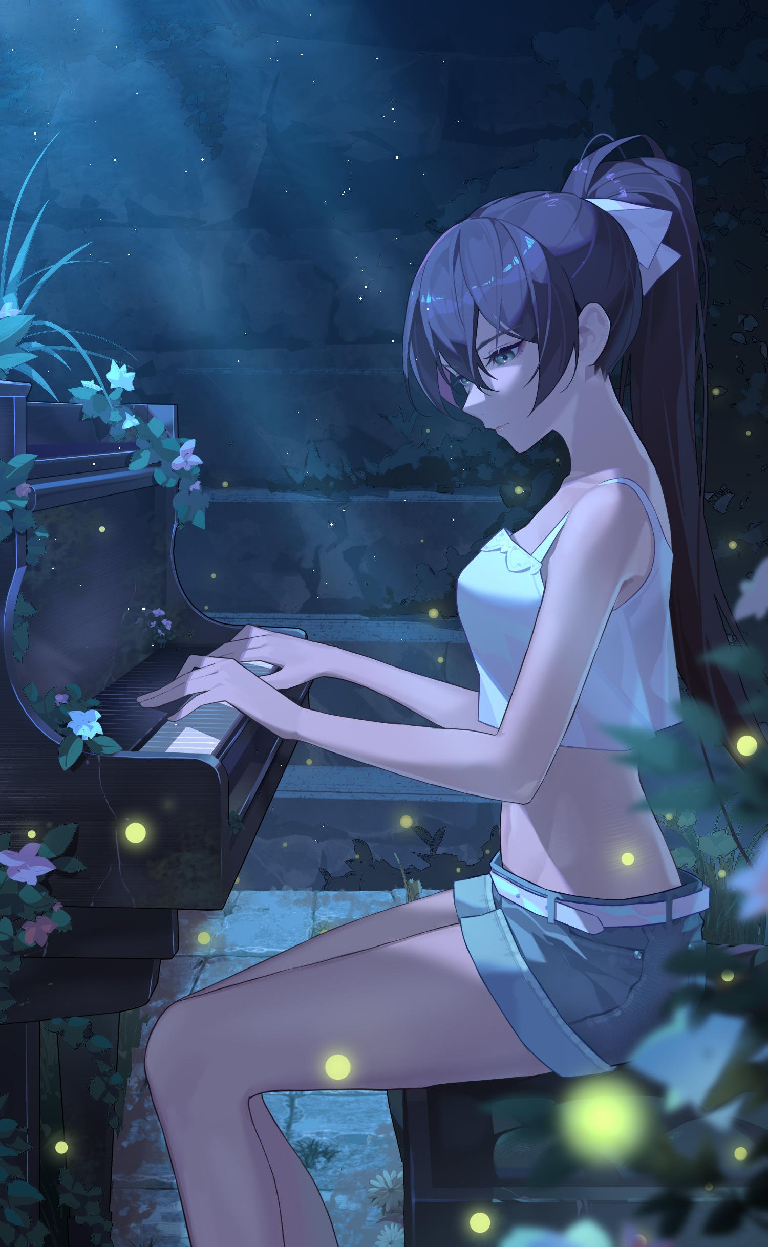 1girl absurdres baek_hyang bare_arms bare_shoulders black_hair blue_shorts bow breasts camisole crazy_ones crop_top crop_top_overhang denim denim_shorts expressionless fireflies from_side grand_piano green_eyes hair_bow highres instrument light_rays looking_down medium_breasts midriff music navel night official_art piano playing_instrument playing_piano ponytail shirt short_shorts shorts sitting sleeveless sleeveless_shirt solo spaghetti_strap stomach thighs white_shirt