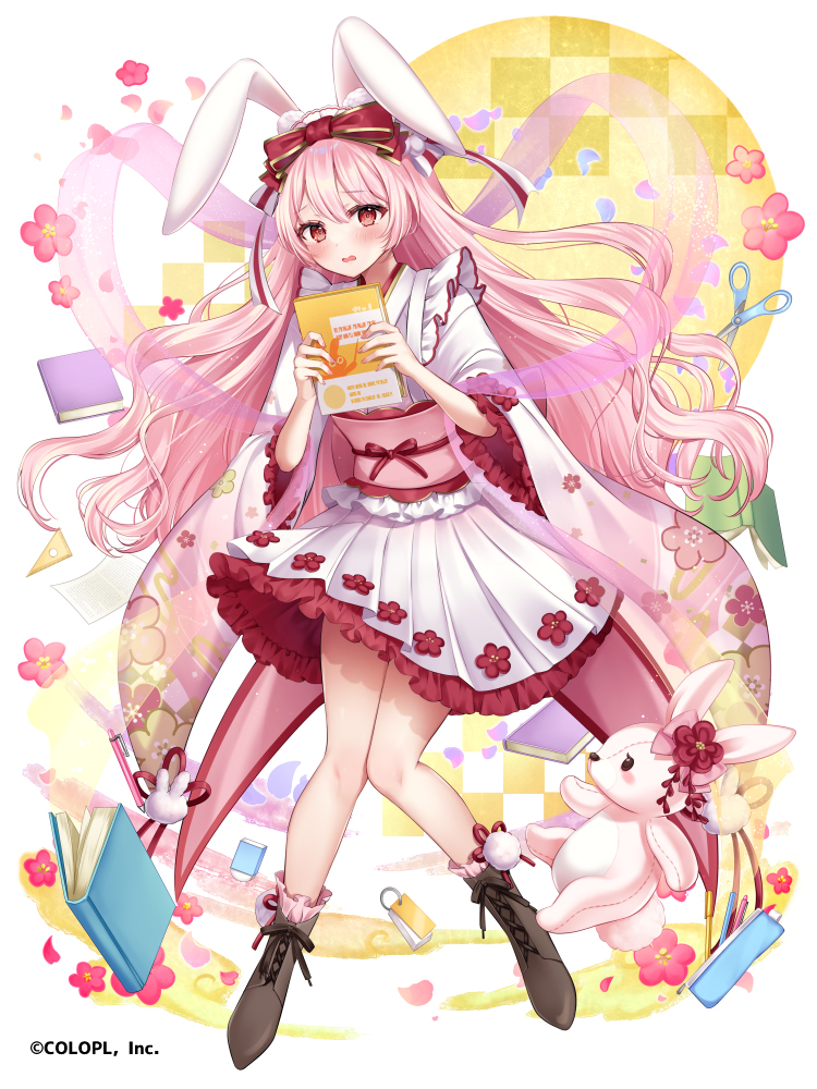1girl animal_ears bangs blush book boots bow brown_footwear character_request copyright_name embarrassed floating flower frilled_skirt frilled_sleeves frills full_body furrowed_brow hair_bow holding holding_book japanese_clothes kimono knees_together_feet_apart long_hair looking_at_viewer mahou_tsukai_to_kuroneko_no_wiz obi open_mouth paper pen pink_flower pink_hair red_bow red_eyes red_flower sash scissors short_sleeves sidelocks skirt solo standing stuffed_animal stuffed_bunny stuffed_toy white_background white_kimono white_skirt yugirlpict