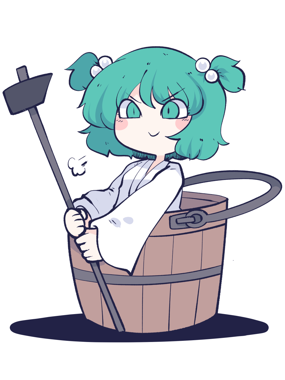 1girl blush_stickers bucket closed_mouth fried_rice0614 getting_over_it green_eyes green_hair hair_bobbles hair_ornament hammer highres holding holding_hammer japanese_clothes kimono kisume long_sleeves one-hour_drawing_challenge short_hair simple_background sledgehammer smile solo touhou two_side_up white_background white_kimono wide_sleeves