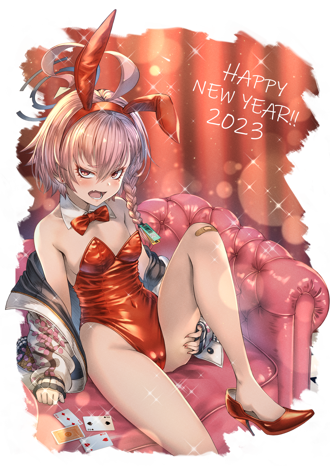 1girl 2023 animal_ears bandaid bangs bare_legs bare_shoulders blue_archive blush bow bowtie braid breasts card detached_collar fake_animal_ears fang happy_new_year high_heels highleg highleg_leotard highres holding jacket leotard long_hair looking_at_viewer neru_(blue_archive) neru_(bunny)_(blue_archive) off_shoulder open_clothes open_jacket open_mouth pantyhose playboy_bunny playing_card rabbit_ears rabbit_tail red_bow red_bowtie red_footwear red_leotard short_hair sitting skin_fang solo spark sparkle sparkle_background strapless strapless_leotard tail thigh_grab wrist_cuffs yakkuro