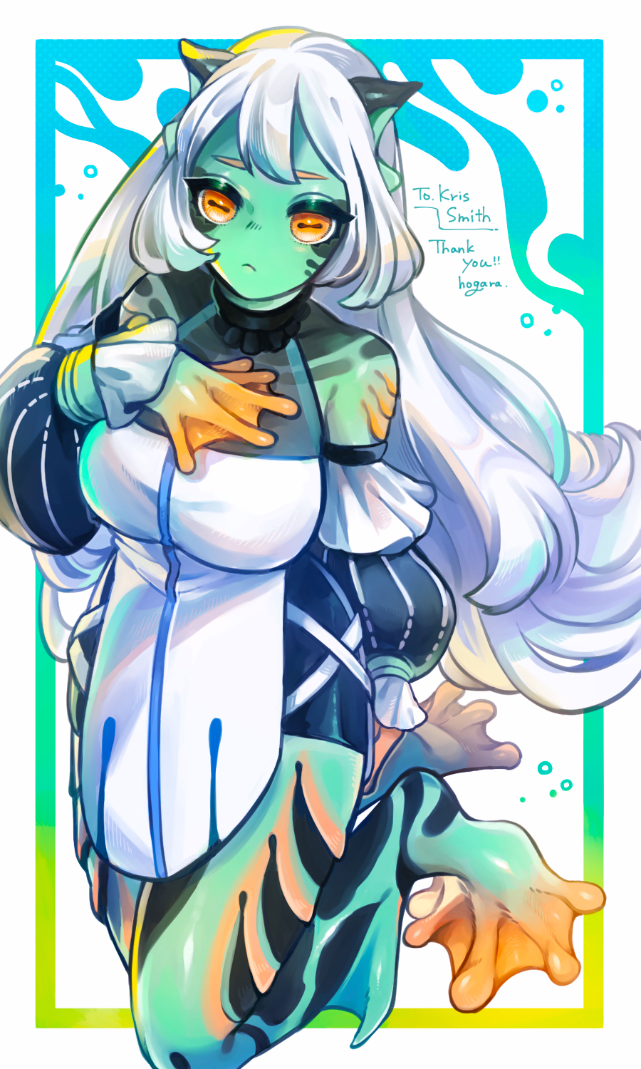 1girl artist_name black_skin body_markings breasts closed_mouth colored_skin commission detached_sleeves frog_girl full_body gradient_background green_skin halterneck hand_on_own_chest highres hogara horizontal_pupils large_breasts long_hair long_sleeves looking_at_viewer monster_girl multicolored_background multicolored_skin orange_eyes orange_skin original pelvic_curtain puffy_long_sleeves puffy_sleeves skeb_commission sleeveless solo very_long_hair webbed_feet webbed_hands white_background white_hair