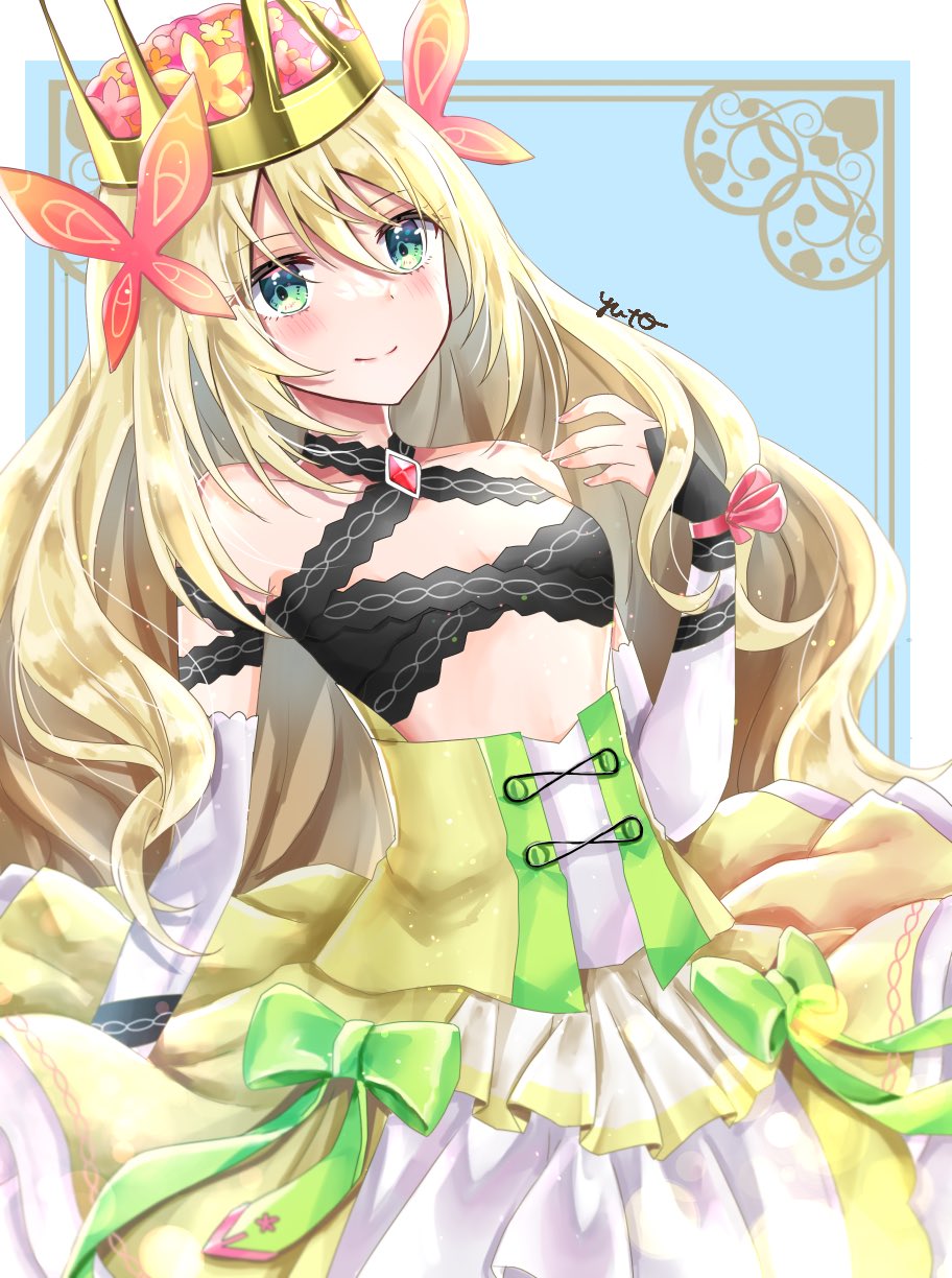 1girl artist_name bangs bare_shoulders blonde_hair bow butterfly_hair_ornament celine_(fire_emblem) crown dress fire_emblem fire_emblem_engage flat_chest green_bow green_eyes hair_between_eyes hair_ornament highres long_hair looking_at_viewer smile solo upper_body very_long_hair yellow_dress yuyu_(spika)