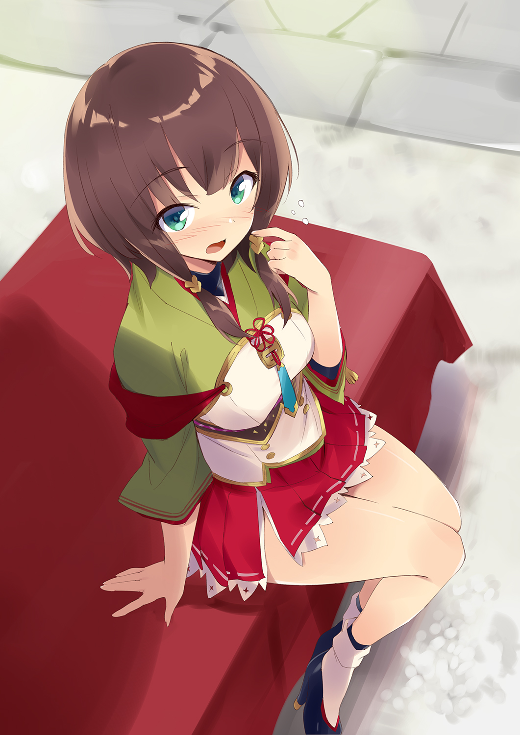 1girl arm_support black_footwear brown_hair dress flustered green_dress green_eyes highres japanese_clothes looking_at_viewer low_twintails nanaka_(tenka_hyakken) outdoors pleated_skirt pointing pointing_at_self red_skirt short_hair short_sleeves sitting_on_bench skirt socks tenka_hyakken twintails usatsuka_eiji white_socks