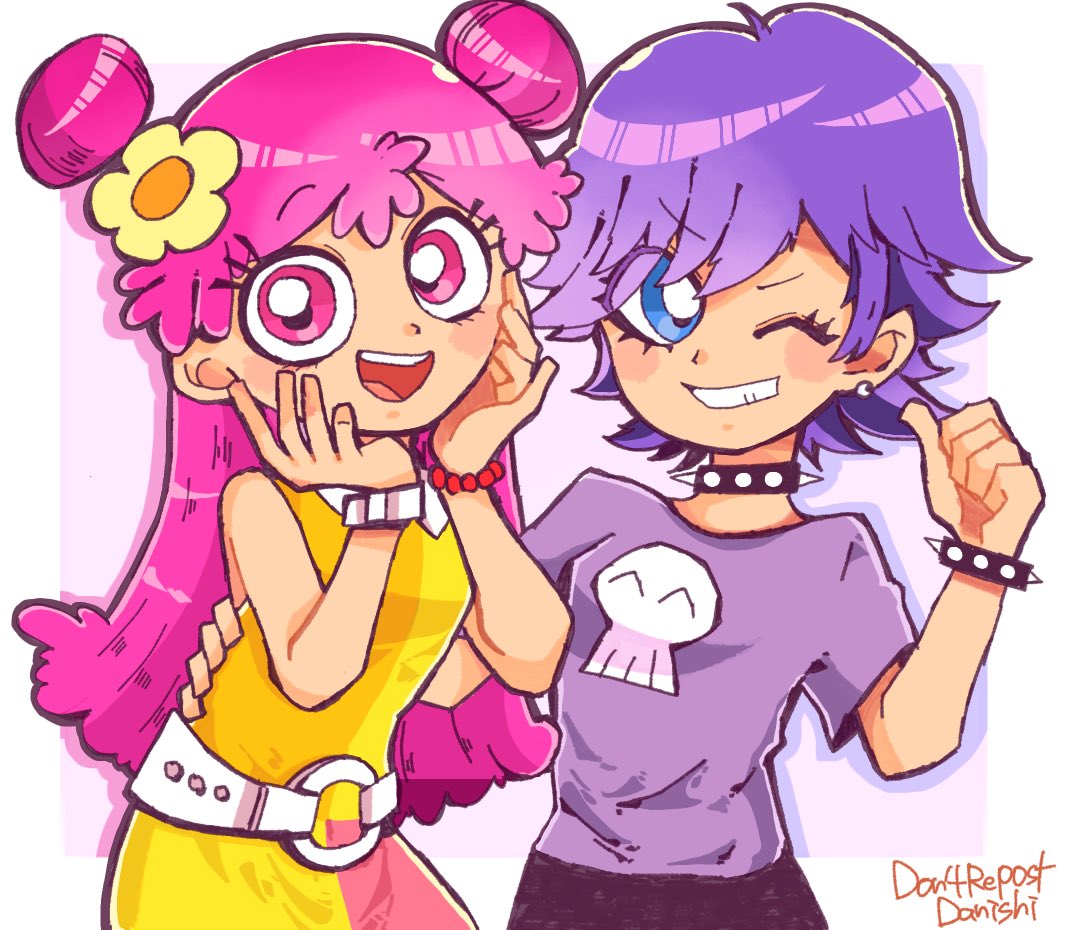 :d belt blue_eyes blush_stickers bracelet collar danishi double_bun dress earrings flower hair_bun hair_flower hair_ornament hand_on_another's_hip hi_hi_puffy_amiyumi jewelry long_hair looking_at_viewer one_eye_closed oonuki_ami open_mouth pink_eyes pink_hair purple_hair purple_shirt shirt short_hair short_sleeves skull_print sleeveless sleeveless_dress smile spiked_bracelet spiked_collar spikes upper_body yellow_dress yoshimura_yumi