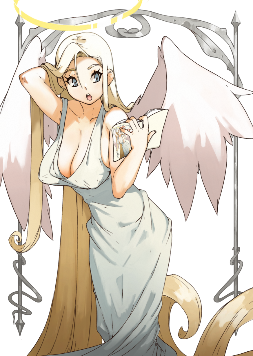 1girl :o absurdly_long_hair angel angel_wings blue_eyes book breasts cleavage covered_nipples dress halo hand_in_own_hair highres holding holding_book huge_breasts leaning_forward long_dress long_hair meta open_mouth original recursion solo very_long_hair vins-mousseux white_dress wings