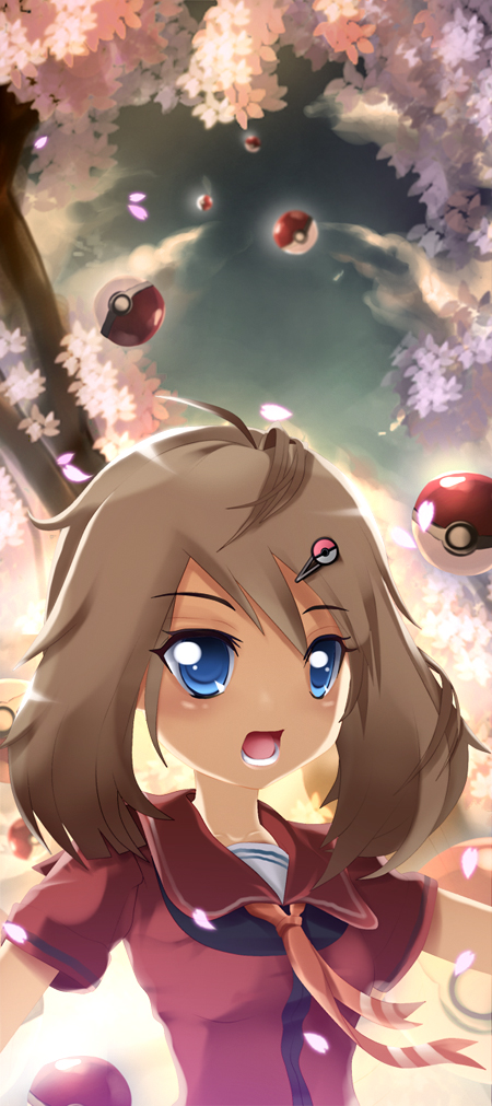 1girl cherry_blossoms haruka_(pokemon) long_image poke_ball pokemon solo tall_image