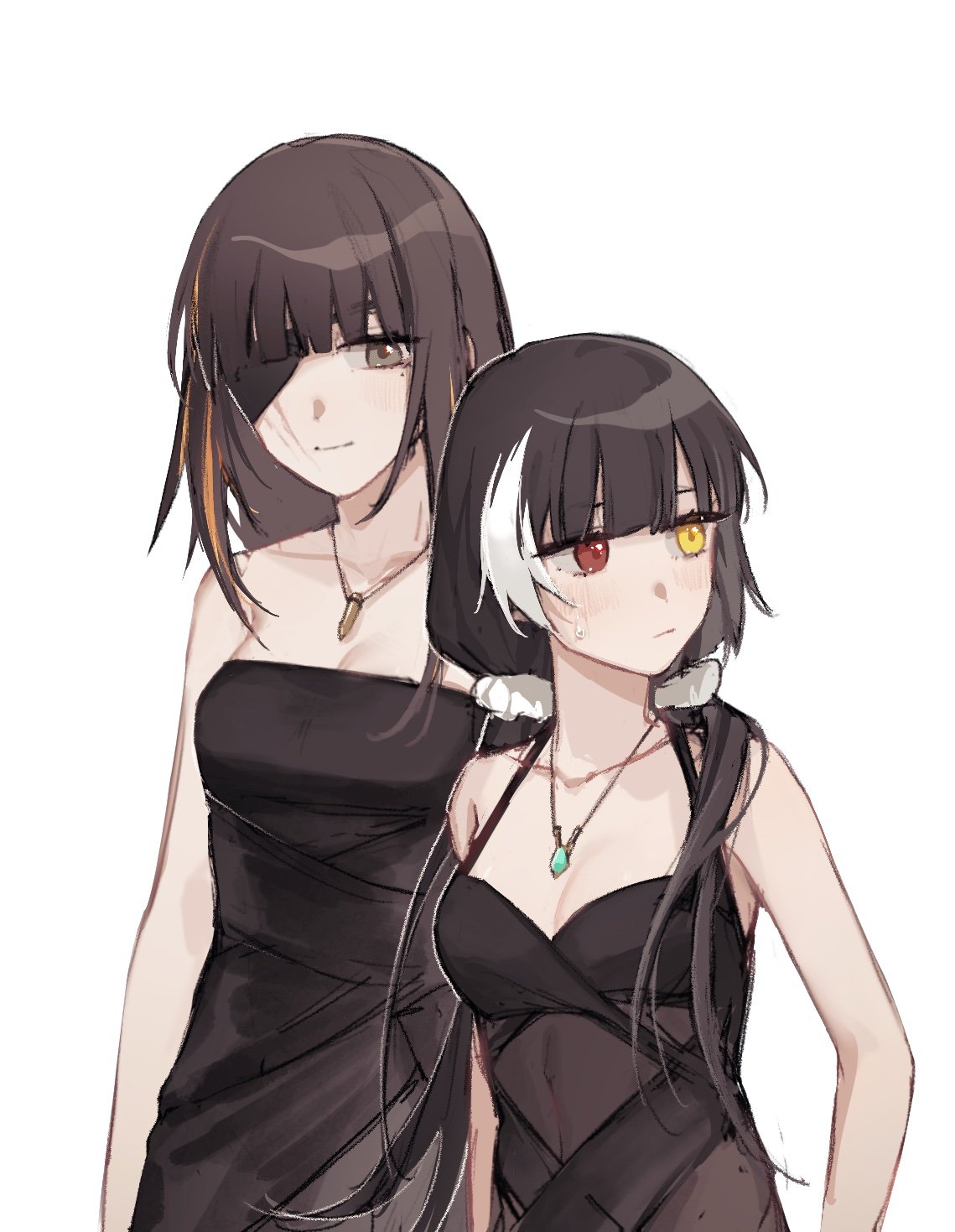 2girls bangs black_dress blonde_hair blunt_bangs blush breasts brown_hair cartridge collarbone commentary_request dress evening_gown girls'_frontline grey_eyes hair_ornament hair_over_shoulder hair_scrunchie heterochromia highres jewelry looking_at_another looking_away m16a1_(girls'_frontline) medium_breasts mole mole_under_eye multicolored_hair multiple_girls necklace official_alternate_costume red_eyes ro635_(girls'_frontline) scar scar_on_face scrunchie simple_background sleeveless sleeveless_dress smile strapless strapless_dress sweatdrop taiyang_ami upper_body white_background white_hair yellow_eyes