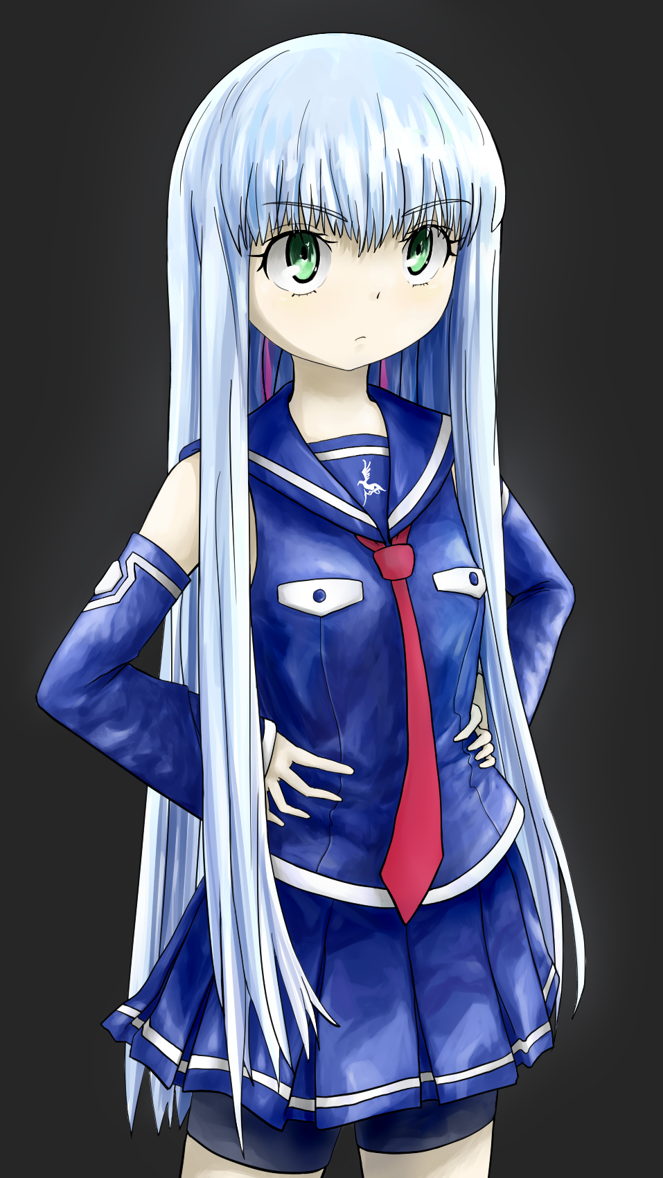 1girl angry aoki_hagane_no_arpeggio bangs blue_hair blue_shirt blue_skirt blunt_bangs detached_sleeves green_eyes hands_on_hips highres iona light_blue_hair long_hair looking_away necktie red_necktie rennes1029 school_uniform shirt shorts skirt solo standing
