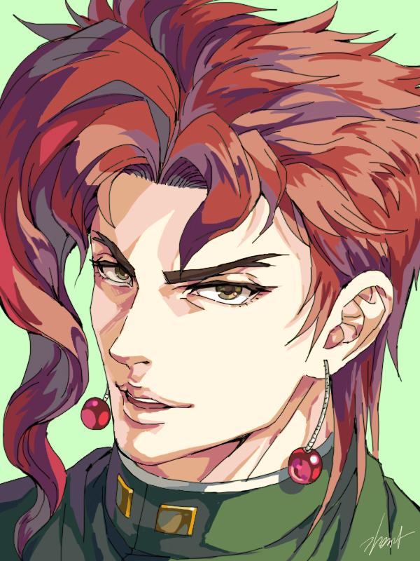 1boy brown_eyes commentary_request earrings gakuran green_background jewelry jojo_no_kimyou_na_bouken kakyoin_noriaki kim_yura_(goddess_mechanic) korean_commentary male_focus mixed-language_commentary open_mouth portrait red_hair school_uniform signature smile solo stardust_crusaders