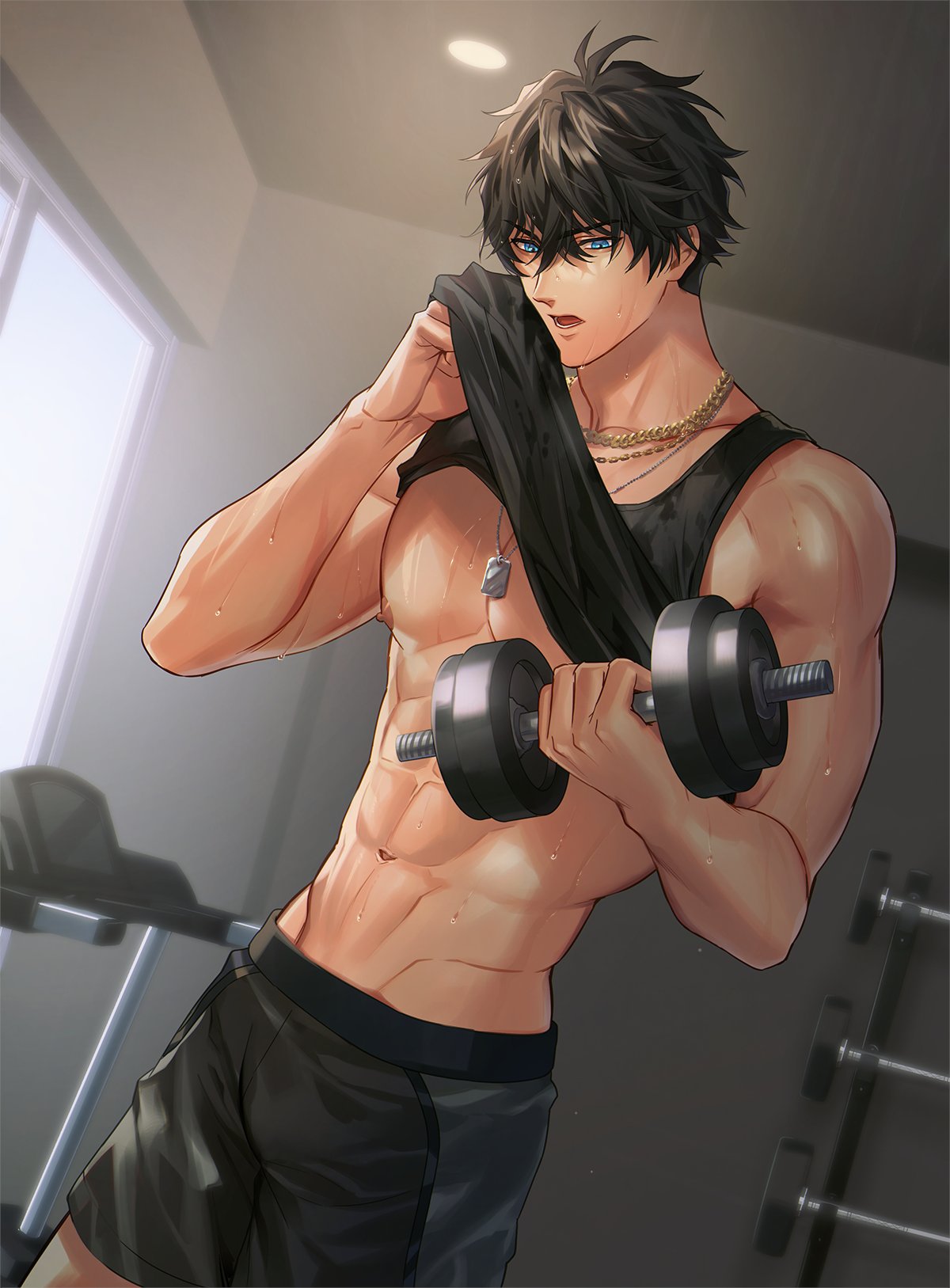 1boy abs bangs barbell bare_shoulders biceps black_hair black_shirt black_shorts black_tank_top blue_eyes chain_necklace clothes_lift collarbone commentary cowboy_shot crossed_bangs dog_tags dumbbell dutch_angle english_commentary exercise gold_necklace hair_between_eyes highres holding indie_virtual_youtuber indoors jae_(vtuber) jewelry lifted_by_self looking_at_viewer male_focus muscular muscular_male navel necklace okii_(oh_ki_ik) open_mouth pectorals second-party_source shirt shirt_lift short_hair short_shorts shorts sleeveless sleeveless_shirt solo standing stomach tank_top treadmill v-shaped_eyebrows virtual_youtuber weight_rack weightlifting weights window wiping_sweat