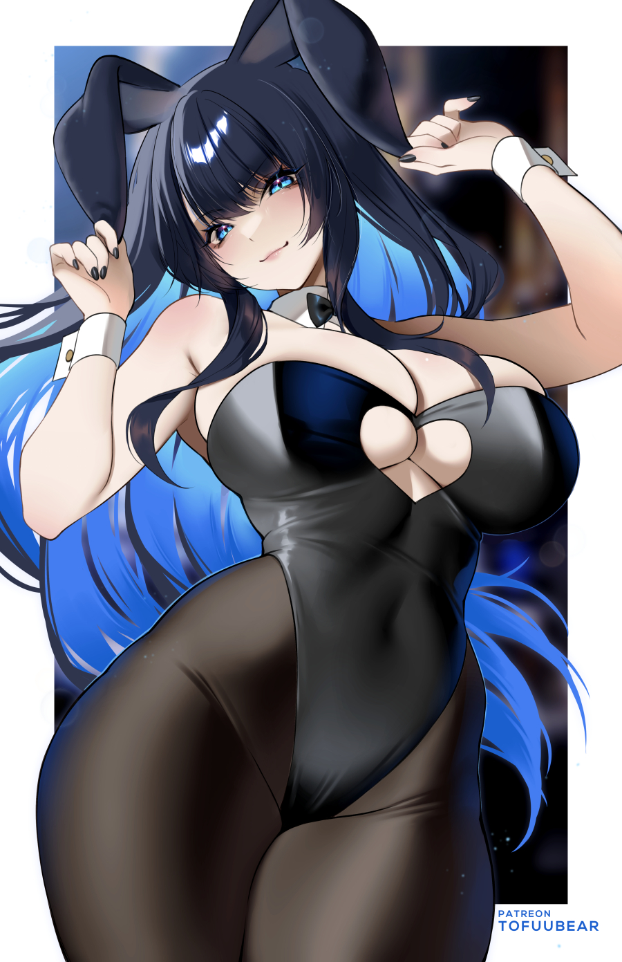 1girl animal_ears bangs bare_shoulders black_hair black_leotard blue_eyes blue_hair blush bow bowtie breasts brown_pantyhose cleavage colored_inner_hair covered_navel detached_collar english_commentary highleg highleg_leotard highres large_breasts leotard long_hair looking_at_viewer multicolored_hair original pantyhose playboy_bunny rabbit_ears reiko_(tofuubear) smile solo thighs tofuubear wrist_cuffs
