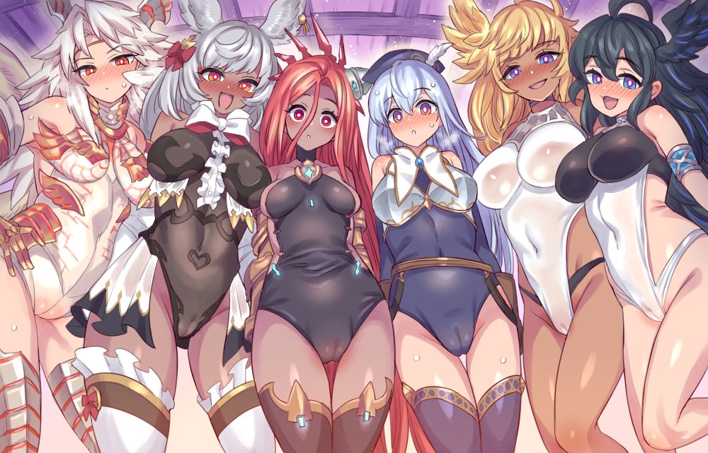 6+girls animal_ears black_hair black_leotard blue_eyes blue_leotard blush bow braid breasts cameltoe center_frills character_request coat_partially_removed commentary_request constricted_pupils covered_navel cowboy_shot crystal_hair curly_hair dark-skinned_female dark_skin erune frills from_below granblue_fantasy halluel_(granblue_fantasy) highleg highleg_leotard indoors large_breasts leotard long_hair looking_at_viewer makura_(granblue_fantasy) malluel_(granblue_fantasy) michael_(granblue_fantasy) mimonel multiple_girls open_mouth rabbit_ears rabbit_girl red_eyeliner red_hair see-through single_braid small_breasts standing thighhighs thighs very_long_hair white_bow white_hair yatima