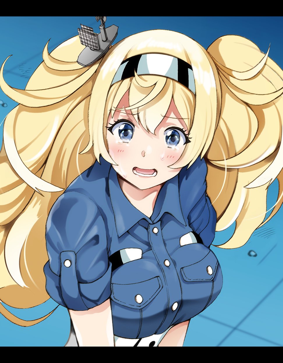 1girl big_hair bishoujo_senshi_sailor_moon blonde_hair blue_eyes breast_pocket breasts commentary_request crying derivative_work gambier_bay_(kancolle) hairband highres kantai_collection large_breasts letterboxed meme open_mouth parody pocket sailor_moon_redraw_challenge_(meme) screencap_redraw solo tears twintails upper_body yamasaki_wataru