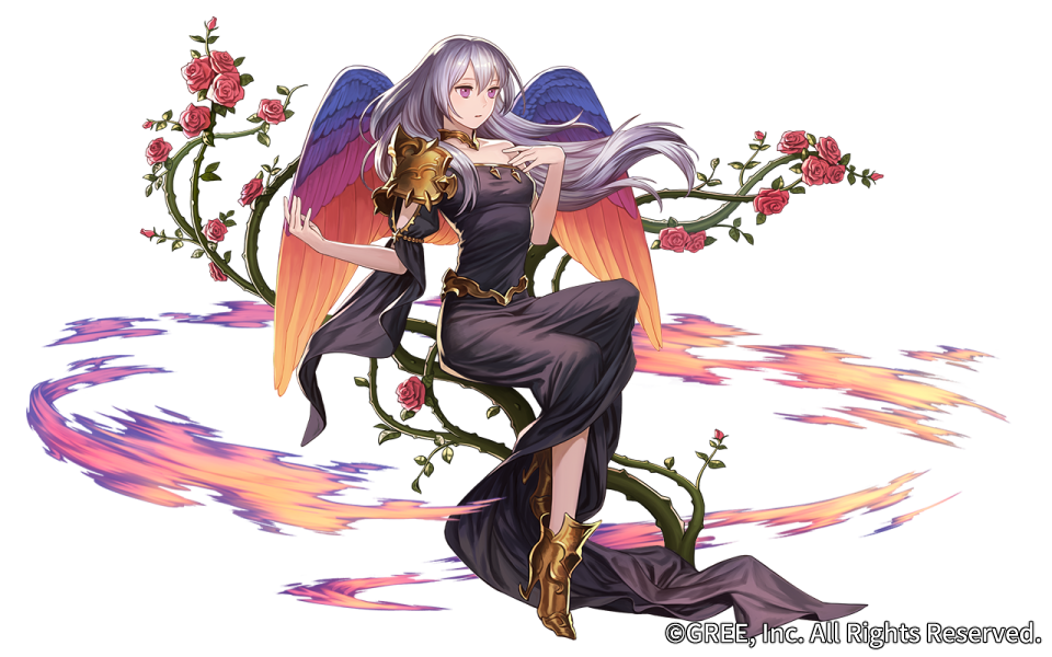 1girl bare_arms black_dress dress esukee feathered_wings flower full_body gold_footwear grey_hair long_hair multicolored_wings official_art purple_eyes rose seisen_cerberus simple_background sitting solo thorns transparent_background wings