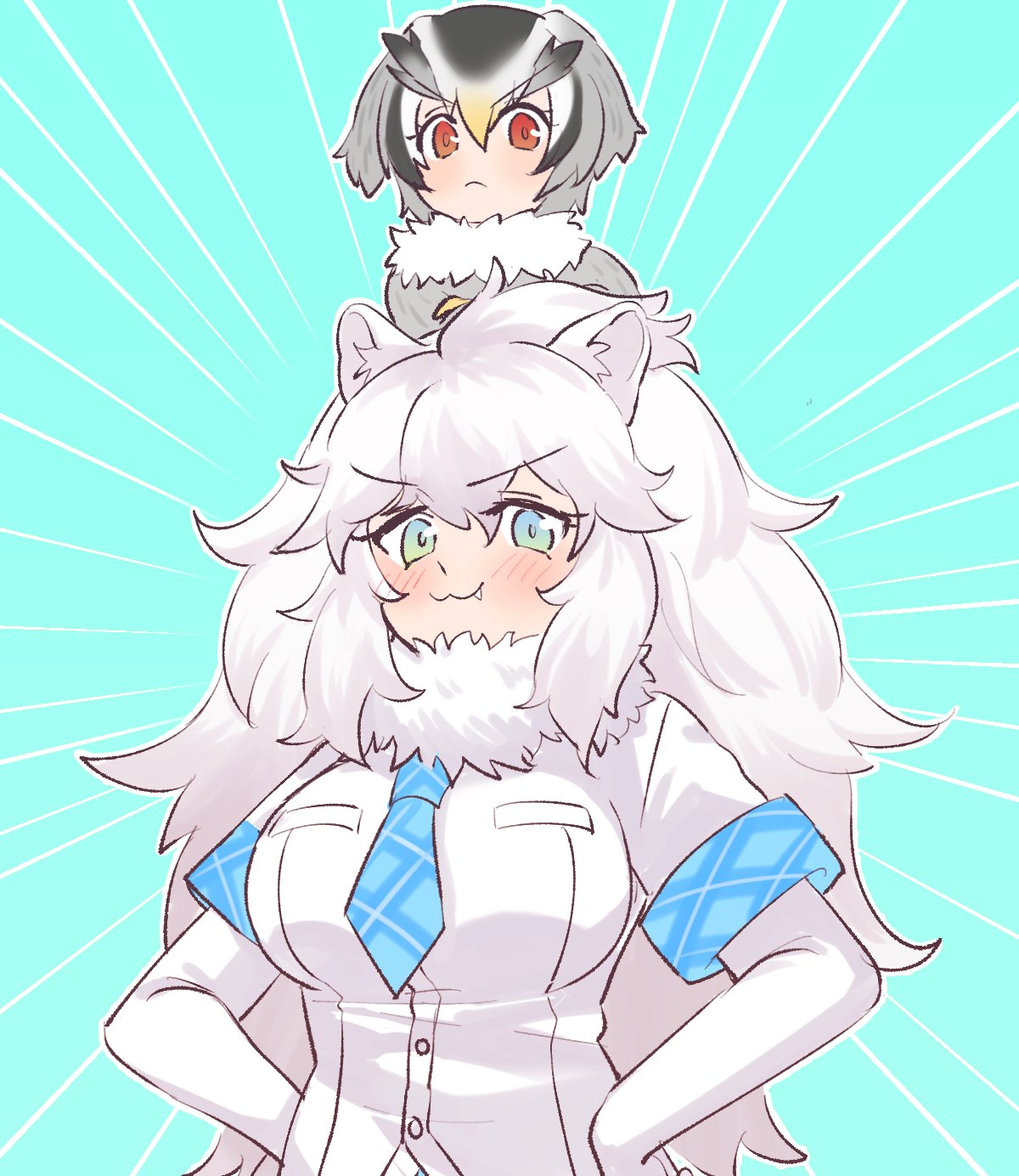 2girls :3 animal_ears big_hair bird_girl bird_wings blonde_hair blue_eyes blue_necktie blush coat commentary_request crossed_arms elbow_gloves fang fur_collar gloves grey_coat grey_hair hair_between_eyes hands_on_hips head_wings highres kemono_friends lion_ears lion_girl long_hair long_sleeves looking_at_viewer multicolored_hair multiple_girls necktie northern_white-faced_owl_(kemono_friends) owl_ears owl_girl plaid_necktie plaid_trim red_eyes shirt short_sleeves size_difference smug tmtkn1 white_fur white_gloves white_hair white_lion_(kemono_friends) white_shirt wings winter_clothes winter_coat yellow_gloves