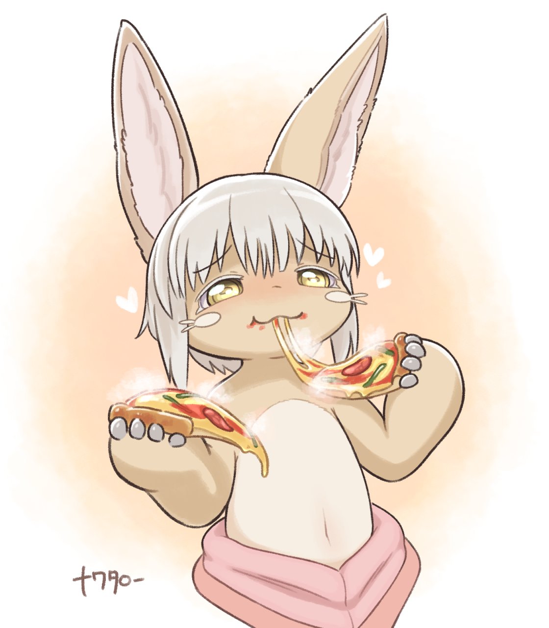 1other :3 androgynous animal_ears bangs brown_fur eating food food_on_face furry gomuhimo_(nawataro) heart highres holding holding_food holding_pizza horizontal_pupils made_in_abyss nanachi_(made_in_abyss) navel other_focus pizza rabbit_ears solo upper_body whiskers white_hair yellow_eyes