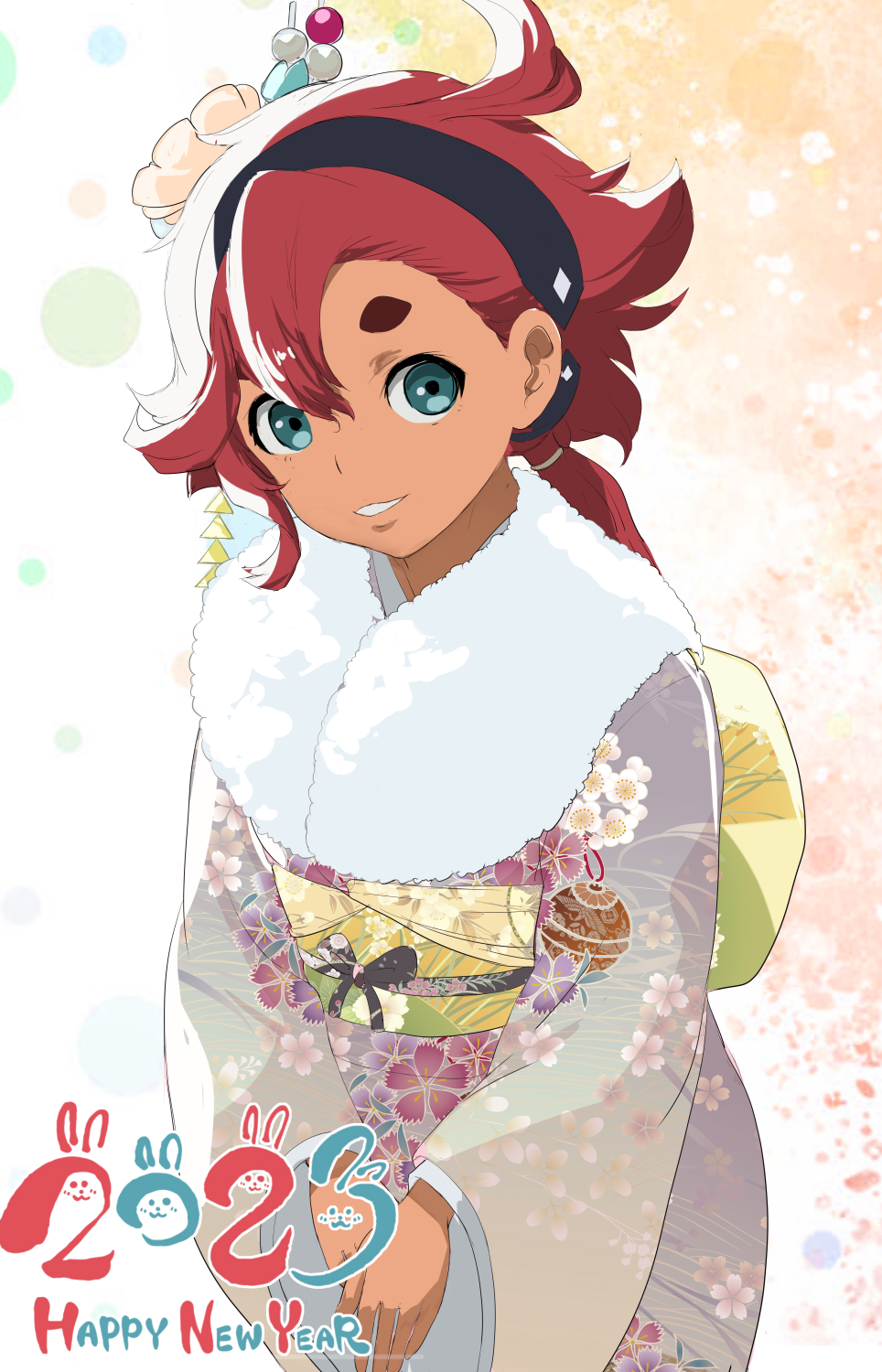 1girl black_hairband blue_eyes chinese_zodiac commentary cowboy_shot dark-skinned_female dark_skin english_text floral_print fur_scarf furisode grey_kimono gundam gundam_suisei_no_majo hair_ornament hairband hairpin happy_new_year highres japanese_clothes kimono long_hair long_sleeves looking_at_viewer low_ponytail makoto_daikichi new_year obi parted_lips print_kimono red_hair sash smile solo suletta_mercury v_arms wide_sleeves year_of_the_rabbit