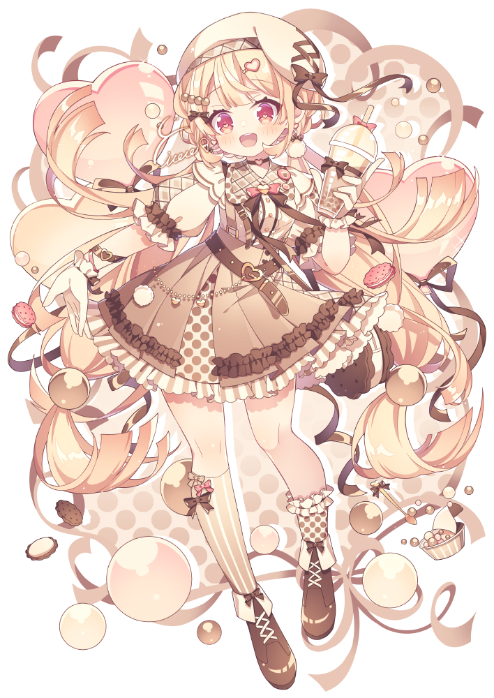 1girl asymmetrical_legwear bangs beret blonde_hair blunt_bangs blunt_ends border brown_dress brown_footwear brown_ribbon bubble_tea commentary dress drink earrings food full_body gloves hat heart holding holding_drink hyou_(pixiv3677917) jewelry long_hair looking_at_viewer low-tied_long_hair macaron mary_janes mismatched_legwear open_mouth original polka_dot polka_dot_background pom_pom_(clothes) pom_pom_earrings puffy_short_sleeves puffy_sleeves red_eyes ribbon shoes short_sleeves simple_background smile solo very_long_hair white_background white_gloves yellow_background yellow_headwear yellow_theme