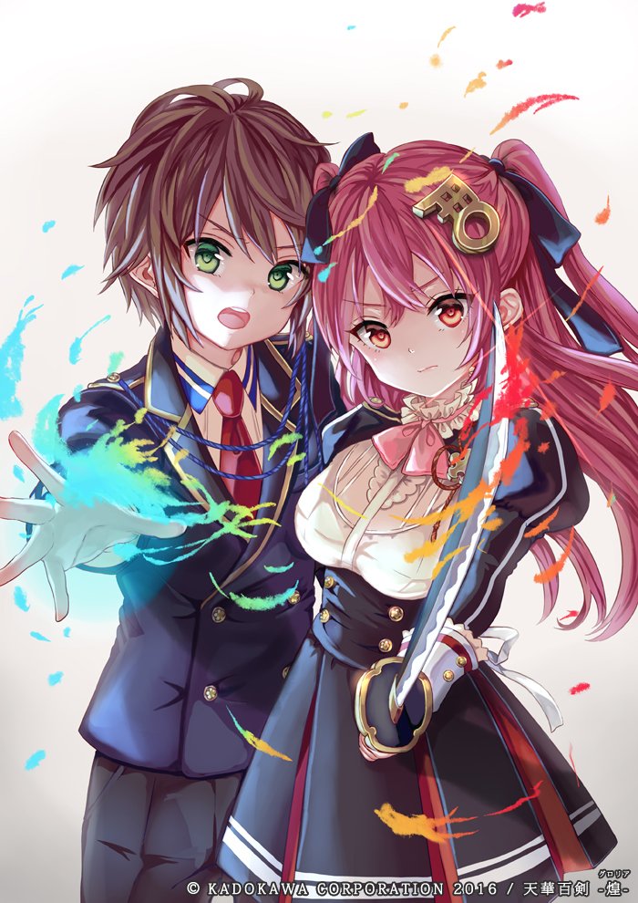1boy 1girl aiguillette amame_hisato blazer bow bowtie brown_hair closed_mouth fire flaming_weapon green_eyes hair_bow hair_ornament holding holding_weapon jacket jouizumi_masamune katana long_hair long_sleeves necktie open_mouth outstretched_arms pants pisuke pleated_skirt puffy_long_sleeves puffy_sleeves pyrokinesis red_eyes red_hair school_uniform serious short_hair skirt spread_fingers sword tenka_hyakken twintails weapon