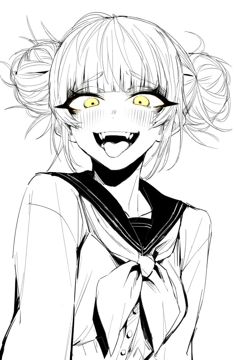 1girl bangs blush boku_no_hero_academia breasts double_bun fangs hair_bun highres j.k. large_breasts long_sleeves messy_hair neckerchief sailor_collar shirt short_hair smile solo spot_color teeth toga_himiko tongue tongue_out upper_teeth_only white_background yellow_eyes