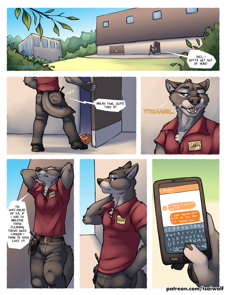 anthro bottomwear building canid canine canis cellphone clothed clothing comic dialogue english_text fully_clothed fur grass grey_body grey_fur holding_object holding_phone male mammal multicolored_body multicolored_fur name_tag open_mouth outside pants phone plant shirt shrub smartphone solo standing text topwear tree tsaiwolf two_tone_body two_tone_fur wolf