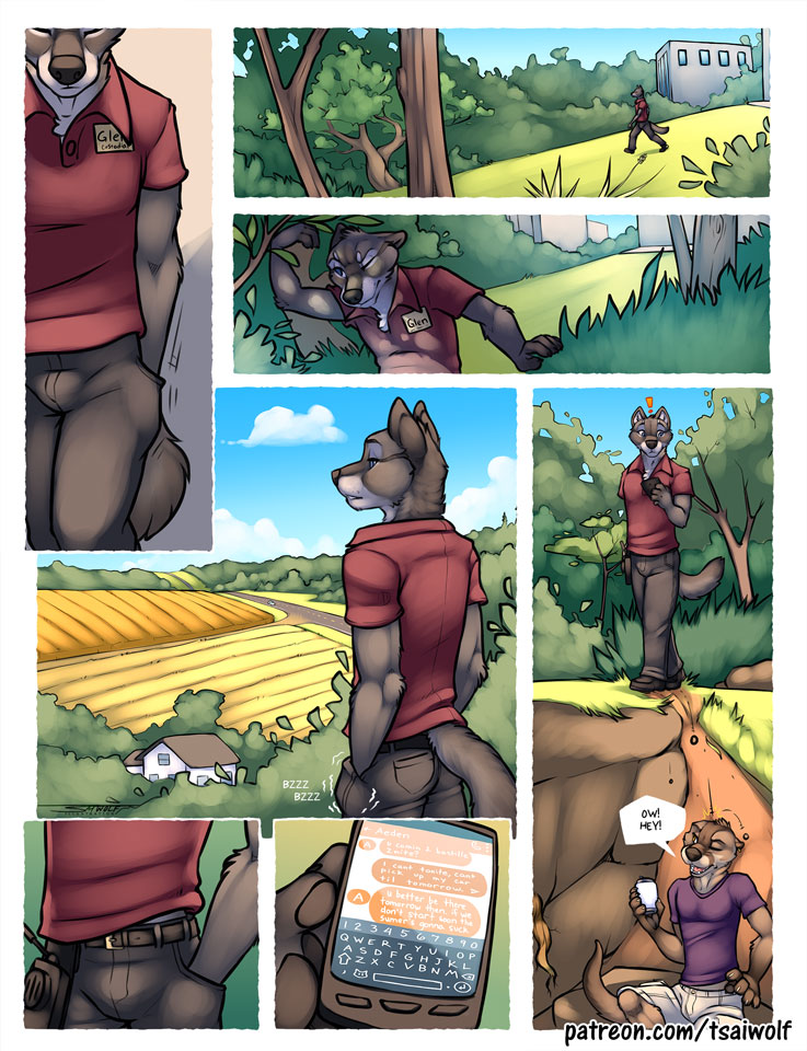 anthro bottomwear building canid canine canis cellphone clothed clothing comic dialogue english_text farm fully_clothed fur grass grey_body grey_fur male mammal mustelid otter outside pants phone plant shirt shrub smartphone solo tan_body tan_fur text topwear tree tsaiwolf wolf