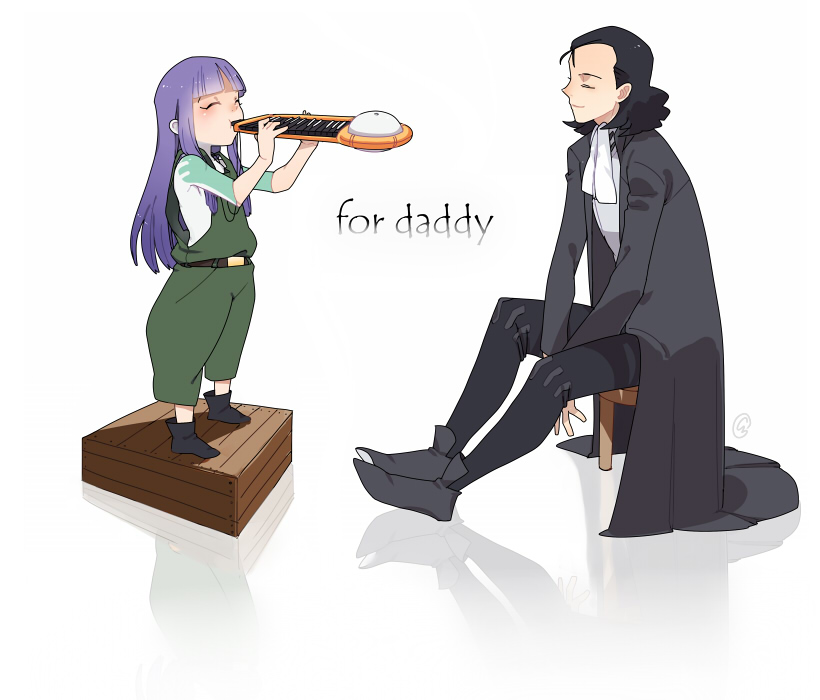 1boy 1girl ascot bangs black_footwear black_hair black_jacket black_pants blunt_bangs closed_eyes closed_mouth cr-r ergo_proxy holding holding_instrument instrument jacket long_hair long_sleeves looking_at_another medium_hair music open_clothes open_jacket pants pino_(ergo_proxy) playing_instrument purple_hair raul_creed sitting smile standing white_ascot