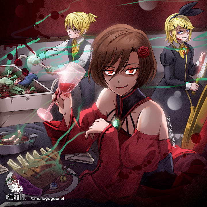 1boy 2girls akujiki_musume_conchita_(vocaloid) arte_(evillious_nendaiki) artist_logo bangs banica_conchita bare_shoulders black_bow black_dress black_jacket black_pants blonde_hair blood blood_from_mouth blood_on_face blood_on_knife blood_splatter blue_eyes bone boned_meat bow breasts brooch brown_hair choker collarbone collared_shirt corset cup detached_sleeves disembodied_eye disembodied_tentacle dress drink drinking_blood eating evil_smile evillious_nendaiki eyeball flower folded_napkin food glass_of_conchita guro hair_bow hair_flower hair_ornament hairband hairclip half-closed_eyes holding holding_cup holding_drink horror_(theme) jacket jewelry kagamine_len kagamine_rin knife large_breasts looking_at_viewer mario_gagabriel meat meiko_(vocaloid) multiple_girls napkin neckerchief necktie pants plate pollo_(evillious_nendaiki) red_eyes red_flower red_lips red_rose rose rotten severed_finger severed_tentacle shirt short_hair short_ponytail sleeveless sleeveless_jacket smell smile swept_bangs throne twitter_username vessel_of_sin vocaloid wide_sleeves yellow_neckerchief yellow_necktie