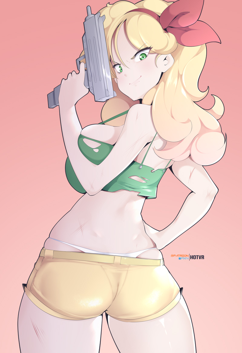 1girl blonde_hair breasts closed_mouth commentary dragon_ball dragon_ball_(classic) english_commentary from_behind gradient_background green_eyes gun hair_ribbon hairband hand_on_hip holding holding_gun holding_weapon hot_vr injury large_breasts long_hair looking_at_viewer lunch_(dragon_ball) panties patreon_username pixiv_username red_background red_hairband red_ribbon ribbon shorts smile solo submachine_gun torn_clothes underwear weapon white_panties yellow_shorts