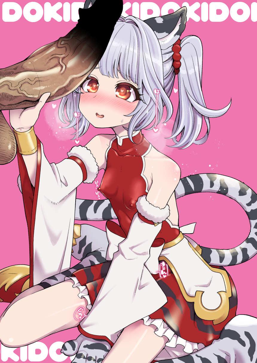 1boy 1girl animal_ears bai_(granblue_fantasy) bangs bare_shoulders blush border breasts breath covered_nipples detached_sleeves granblue_fantasy grey_hair hanauna hand_on_another's_penis heart heart-shaped_pupils hetero highres kneeling looking_at_penis miniskirt penis pink_background red_skirt sitting skirt small_breasts solo_focus sound_effects symbol-shaped_pupils tail tiger_ears tiger_girl tiger_tail wariza