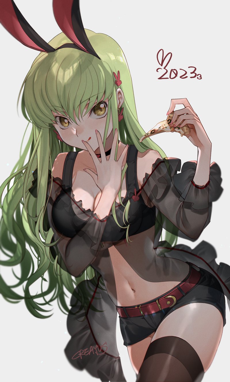 1girl animal_ears belt black_choker black_shorts breasts c.c. choker cleavage code_geass creayus crop_top earrings fake_animal_ears food green_hair highres holding holding_food holding_pizza jewelry long_hair looking_at_viewer pizza pizza_slice rabbit_ears see-through shorts solo yellow_eyes