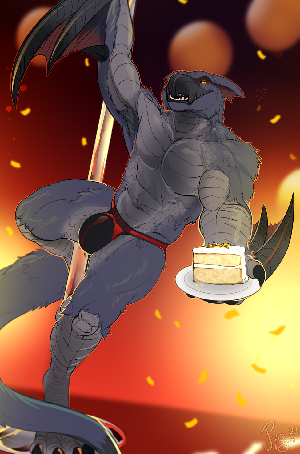 abs anthro beak bulge cake capcom claws clothed clothing dancing dessert flying_wyvern food hi_res holding_cake holding_food holding_object jockstrap jockstrap_only looking_at_viewer male membrane_(anatomy) membranous_wings monster_hunter nargacuga pecs pig_(artist) plate pole pole_dancing pupils slit_pupils solo stripper teeth topless underwear underwear_only wings yellow_eyes