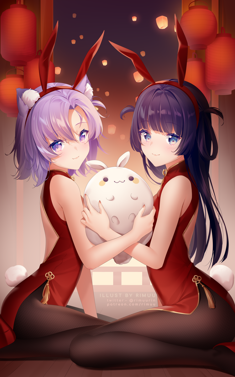 2girls animal_ear_fluff animal_ears bangs bare_arms bare_shoulders black_pantyhose blue_eyes brown_pantyhose china_dress chinese_clothes chinese_zodiac closed_mouth commentary dress english_commentary fake_animal_ears from_side hair_between_eyes hairband highres holding lantern looking_at_viewer looking_to_the_side multiple_girls nail_polish original pantyhose parted_bangs purple_eyes purple_hair rabbit_ears red_dress red_hairband red_nails rimuu sitting sleeveless sleeveless_dress smile twitter_username two_side_up wariza watermark web_address year_of_the_rabbit