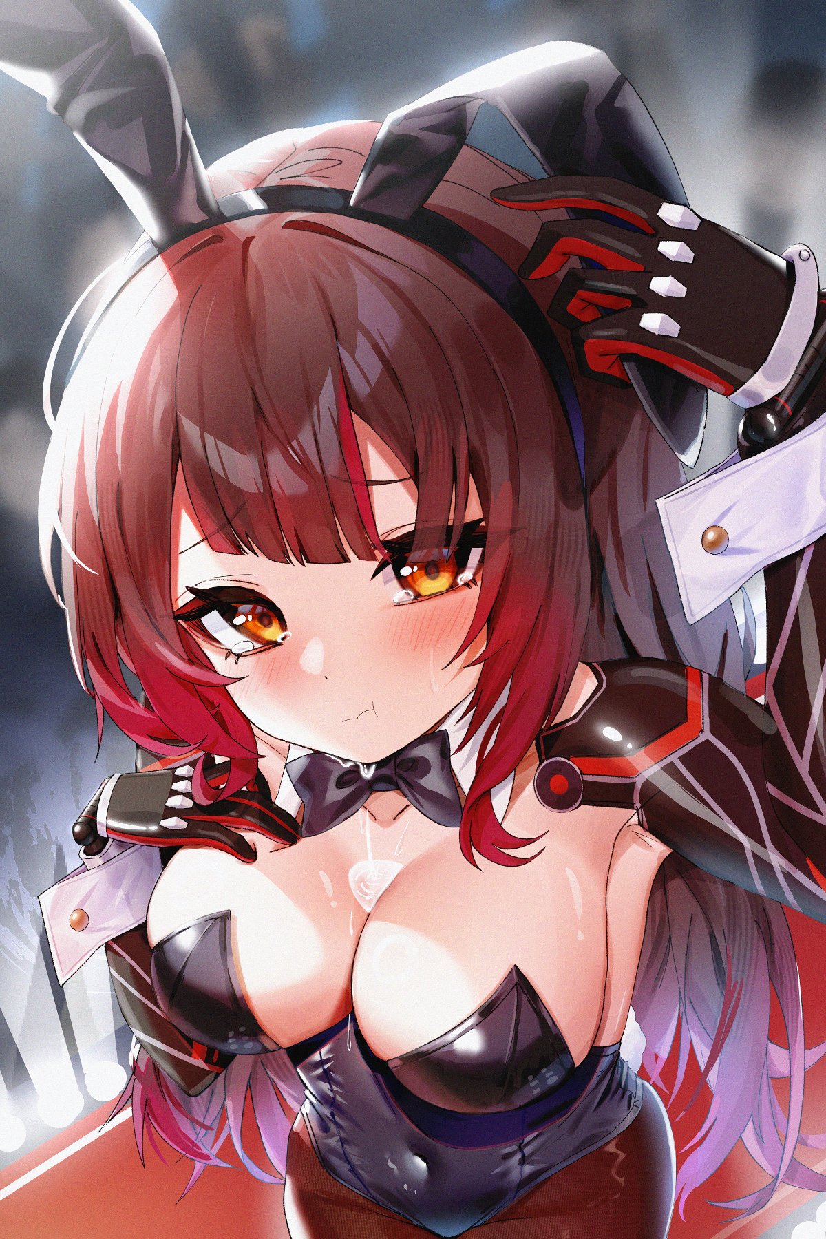 1girl android animal_ears bangs blush bow bowtie breasts brown_hair bu_leike cleavage detached_collar fake_animal_ears gradient_hair hair_ornament highres hololive large_breasts leotard long_hair looking_at_viewer mechanical_arms multicolored_hair pantyhose playboy_bunny pouty_lips rabbit_ears red_hair roboco-san solo strapless strapless_leotard tears virtual_youtuber wrist_cuffs yellow_eyes