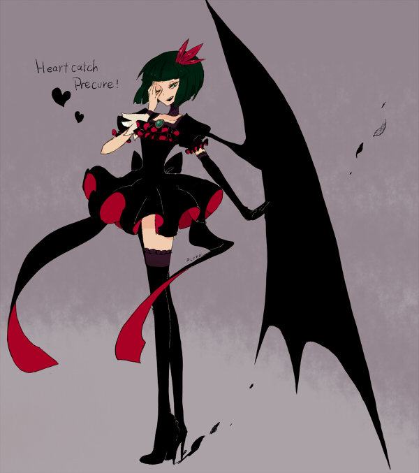 back_bow bad_id bad_pixiv_id black_hair bow copyright_name dark_precure grey_background heartcatch_precure! l_hakase legs precure short_hair single_wing thighhighs wings