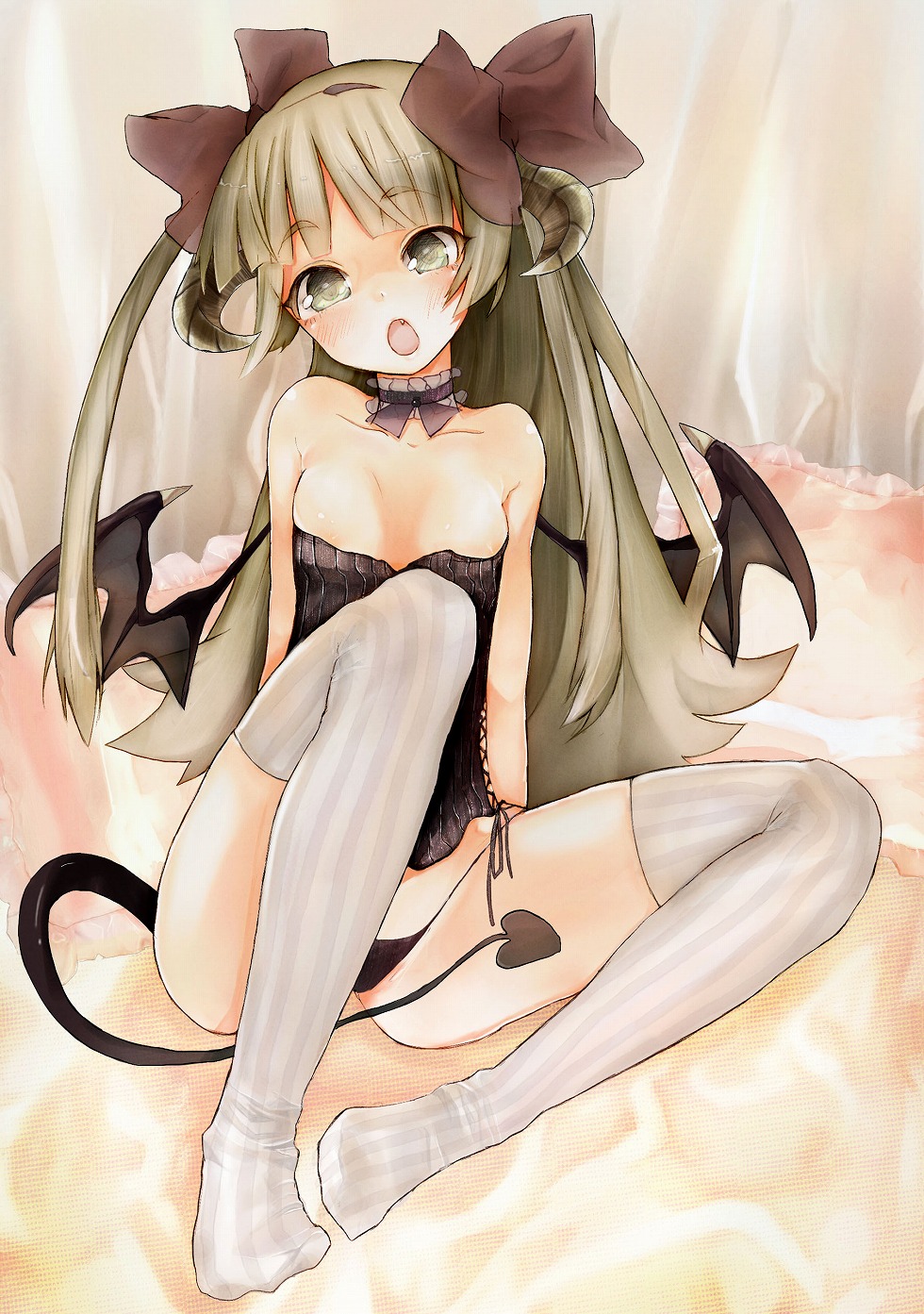 ako_(clover01) bare_shoulders blush breasts brown_eyes brown_hair bustier choker demon_girl demon_tail demon_wings fang hair_ribbon highres horns legs lingerie long_hair looking_at_viewer medium_breasts original panties ribbon sitting sketch solo striped striped_legwear succubus tail thighhighs twintails underwear vertical_stripes wings