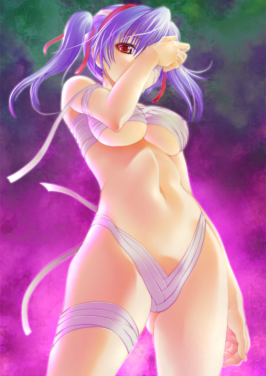846-gou bandages breasts covering_one_eye from_below hair_ribbon highres large_breasts lowleg naked_bandage navel nude original purple_hair red_eyes ribbon sarashi solo twintails underboob
